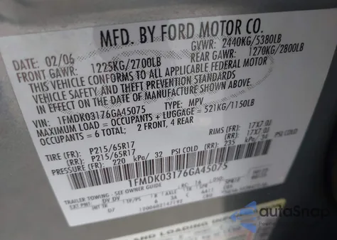 2006 Ford Freestyle Limited z USA, uszkodzony, nr VIN 1FMDK03176GA45075